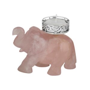 Rose Quartz Maharaja Elephant Tea Light 3 by 3.5 " Sliver Silver Plated (set of Two )