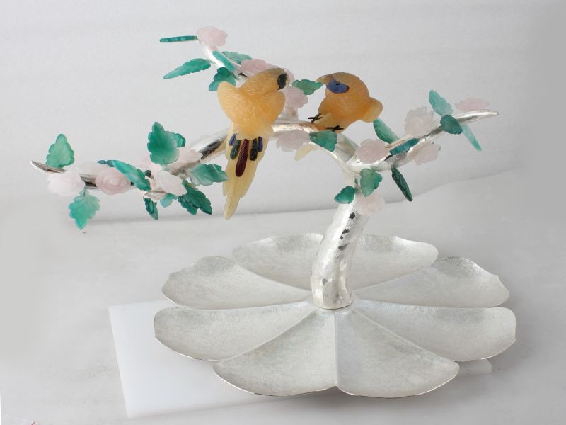 2 Stone Birds on Tree Platter
