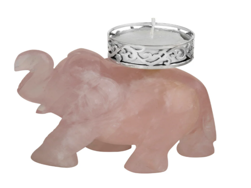Rose Quartz Maharaja Elephant Tea Light 3 by 3.5" Sliver 92.5