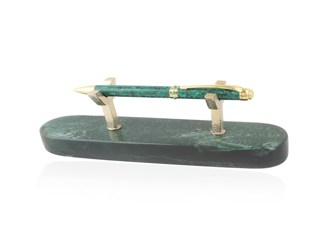 Stationary- the Statement Pen Silver Plated Malechite/ with Green Aventurine Stand