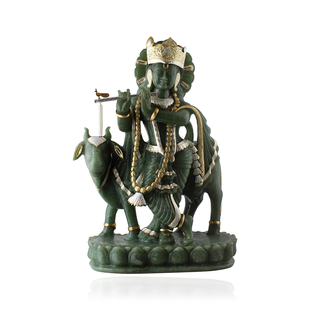 Green Aventurine Krishna ji with Gau Mata 18 " Silver 925